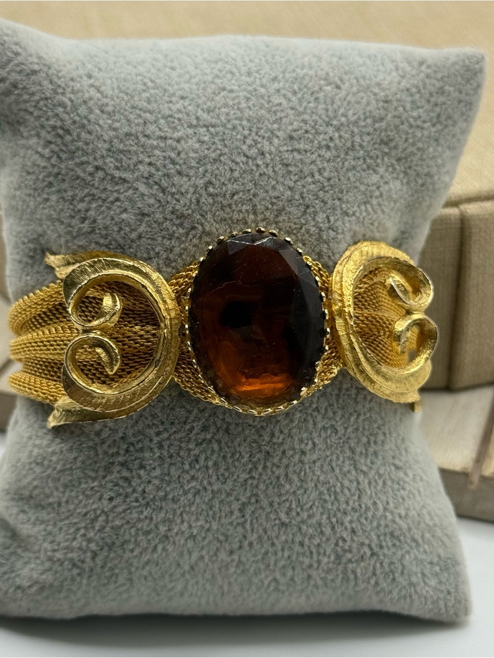vintage Gold-Tone Statement Bracelet with Amber Center Stone